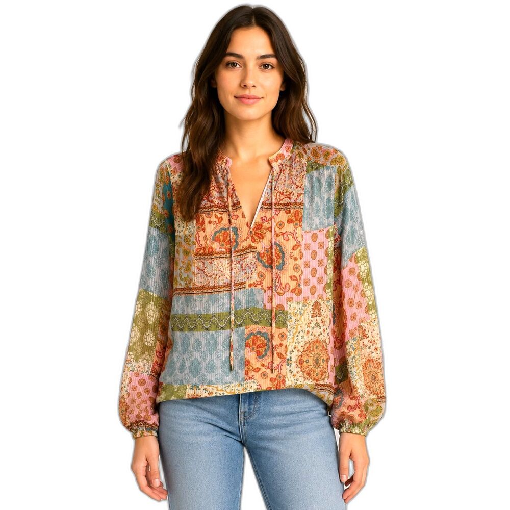 Maison d’Amélie Boho Patchwork Blouse Metallic Thread Sheer Lined Long Sleeve S